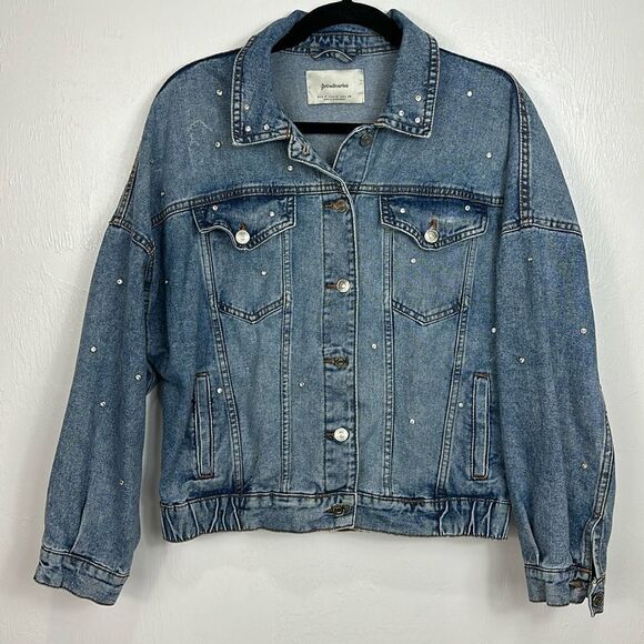 Stradivarius Jewel Rhinestones Oversized Denim Jacket In Blue Size M - Picture 2 of 11